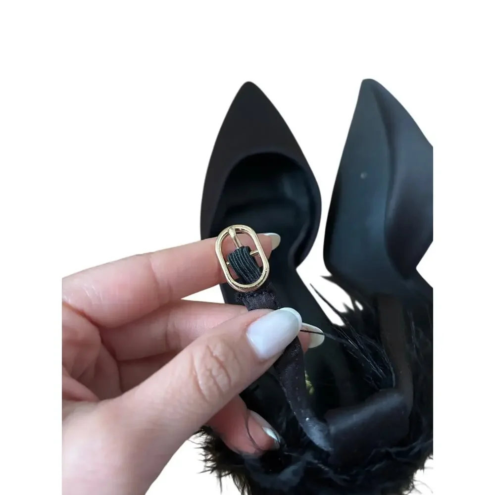 Black Satin Feather Trim Pointed Toe Stiletto Heels Women’s Size EU 38 US 7.5 - Picture 8 of 10
